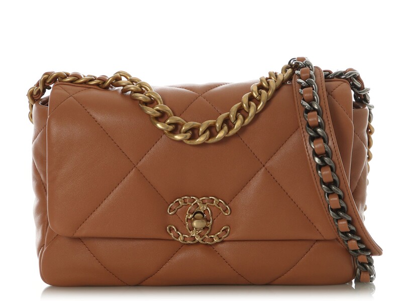 Brown Quilted Lambskin Chanel 19 Medium Flap Bag Aged Gold and Ruthenium Hardware, 2021