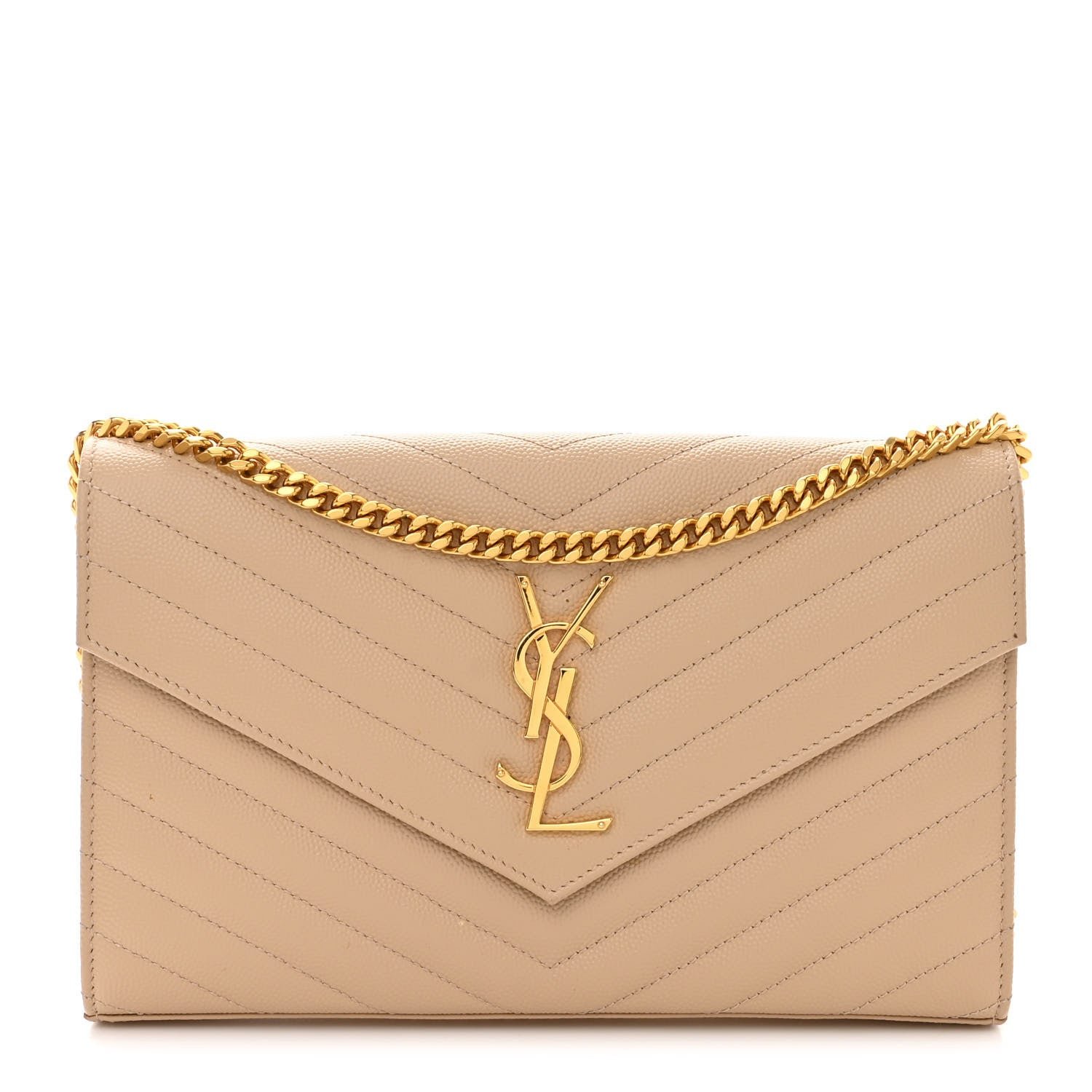 Saint Laurent Grain De Poudre Matelasse Chevron Monogram Chain Wallet Dark Beige