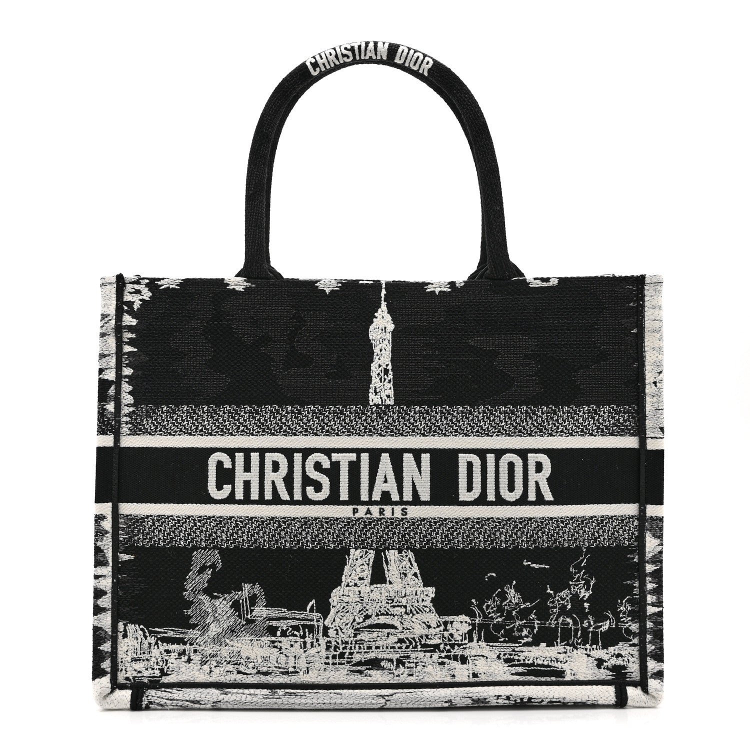Christian Dior Canvas Embroidered Medium Paris Book Tote Black White