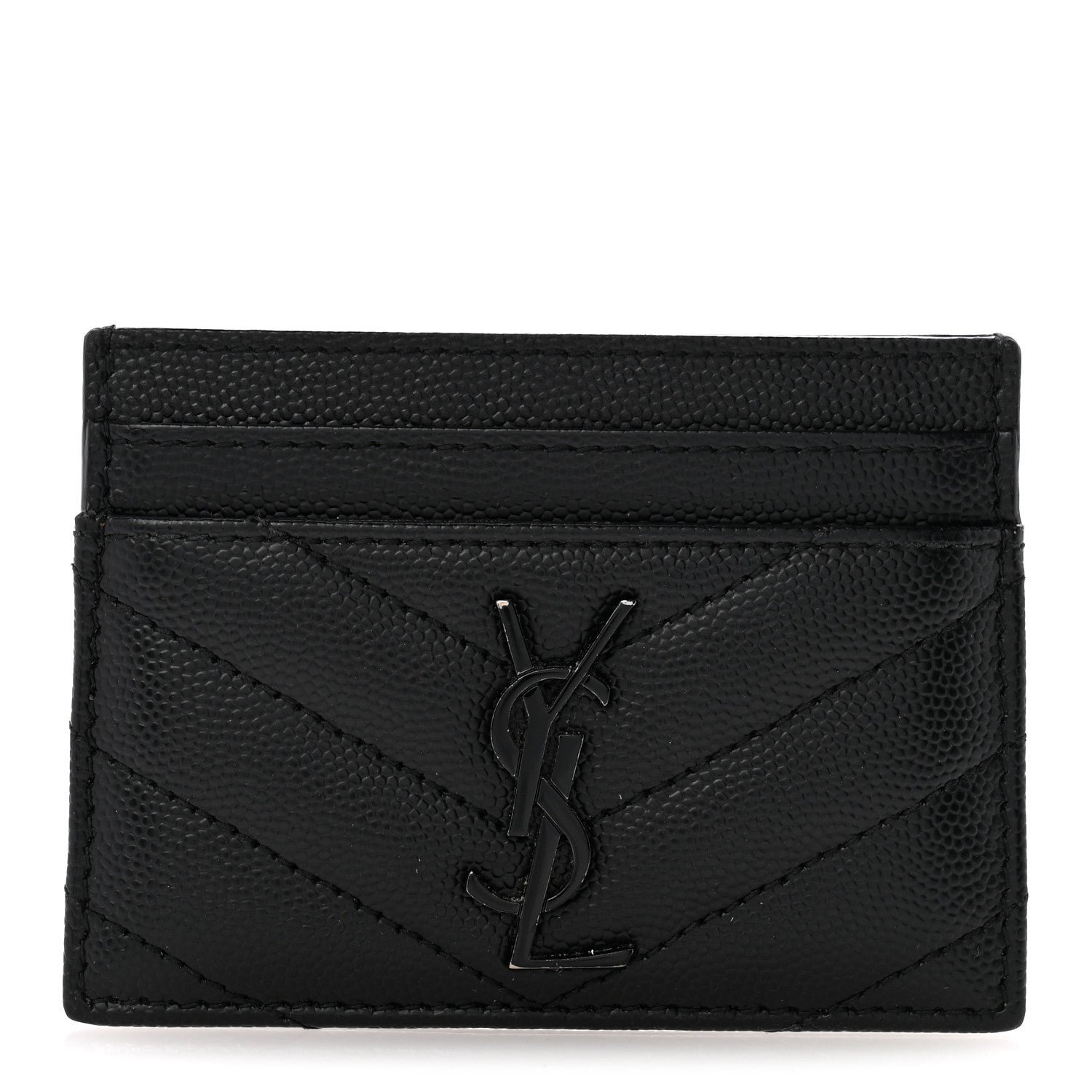 Saint Laurent Grain De Poudre Matelasse Chevron Monochrome Monogram Credit Card Case Black