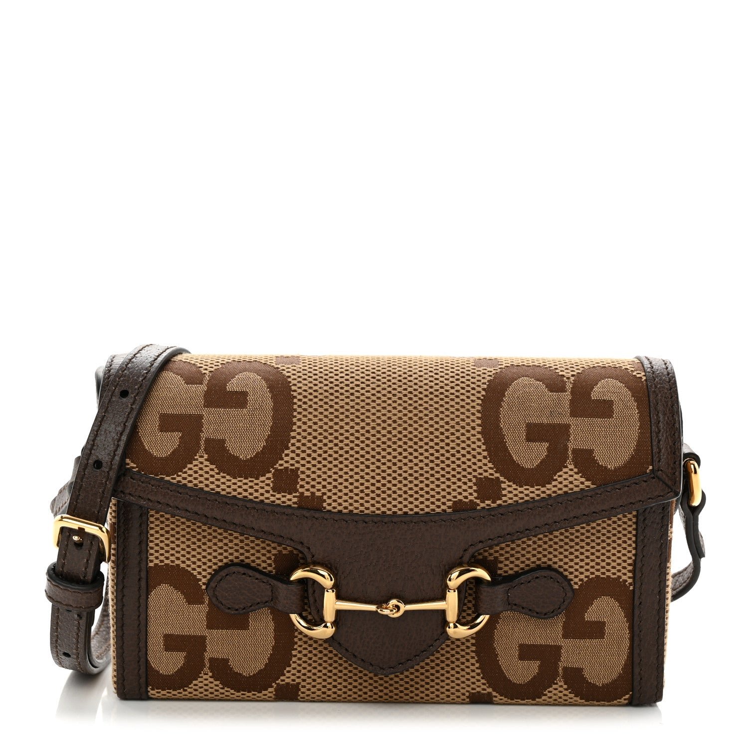 Gucci Monogram Jumbo GG Textured Dollar Calfskin Mini Horsebit 1955 Shoulder Bag Camel Ebony New Acero