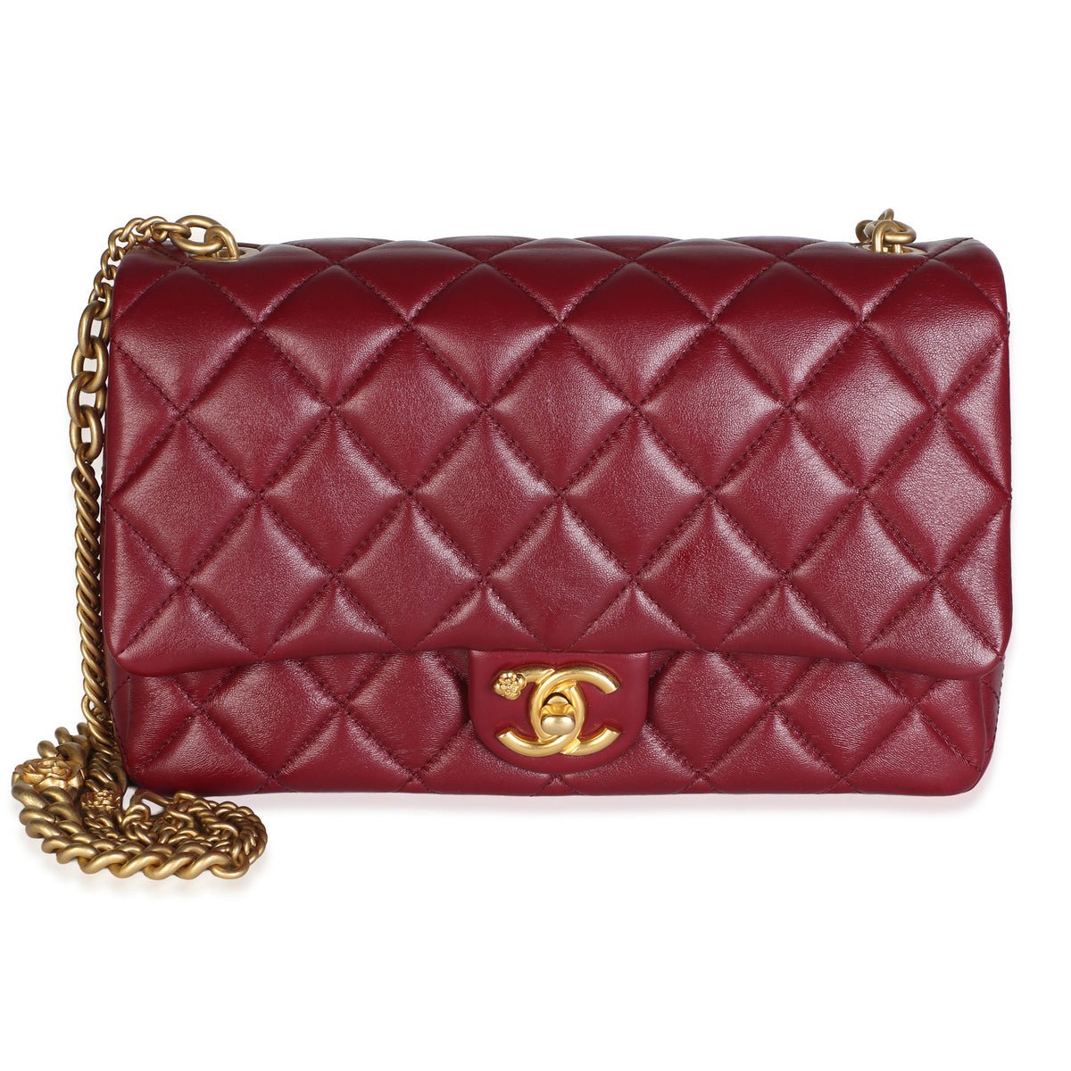 Burgundy Quilted Lambskin Flower CC Medium Flap Bag