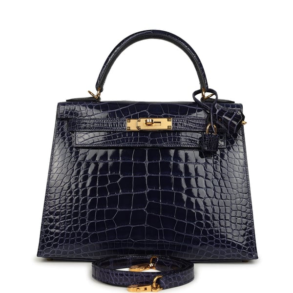 Hermes Pre-owned Hermes Kelly Sellier 28 Bleu Encre Shiny Alligator Gold Hardware