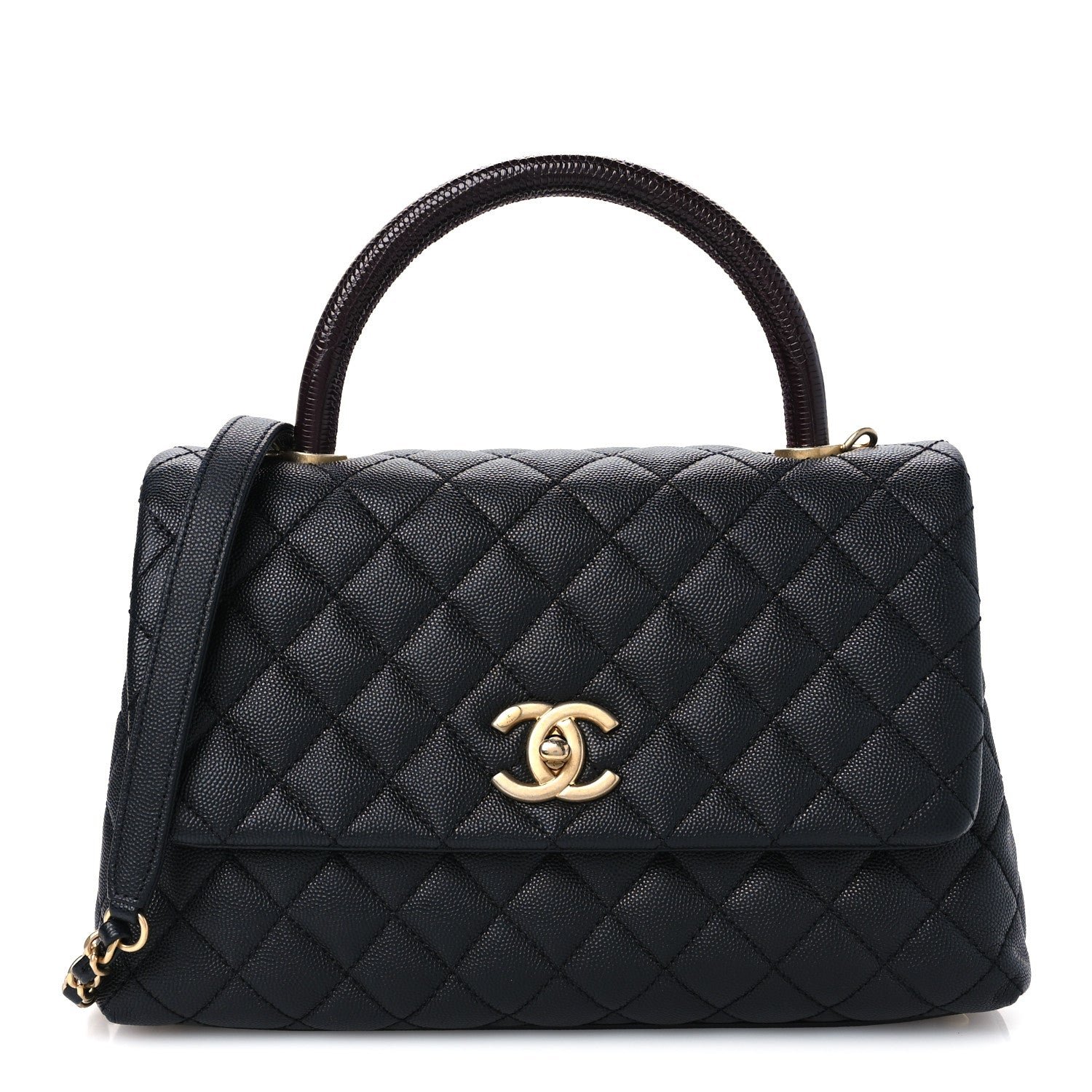 Caviar Lizard Quilted Small Coco Handle Flap Black