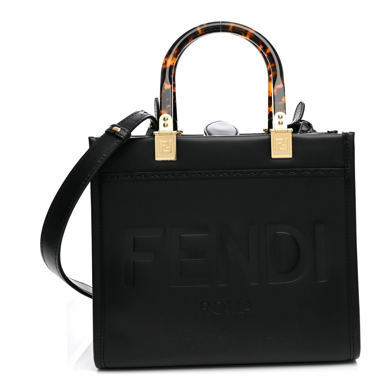 Fendi Vitello King Plexiglass Logo Embossed Small Fendi Sunshine Shopper Tote  Black