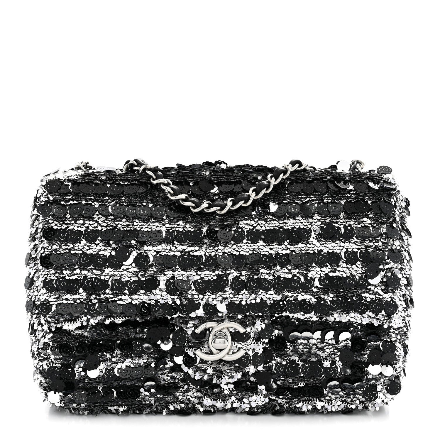 Chanel Sequin Camellia Small Single Flap Silver Black