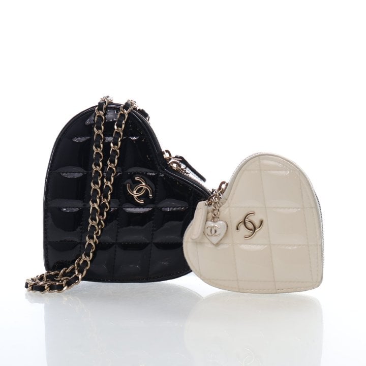 Chanel Small Patent Quilted Resin CC Heart Clutch With Chain