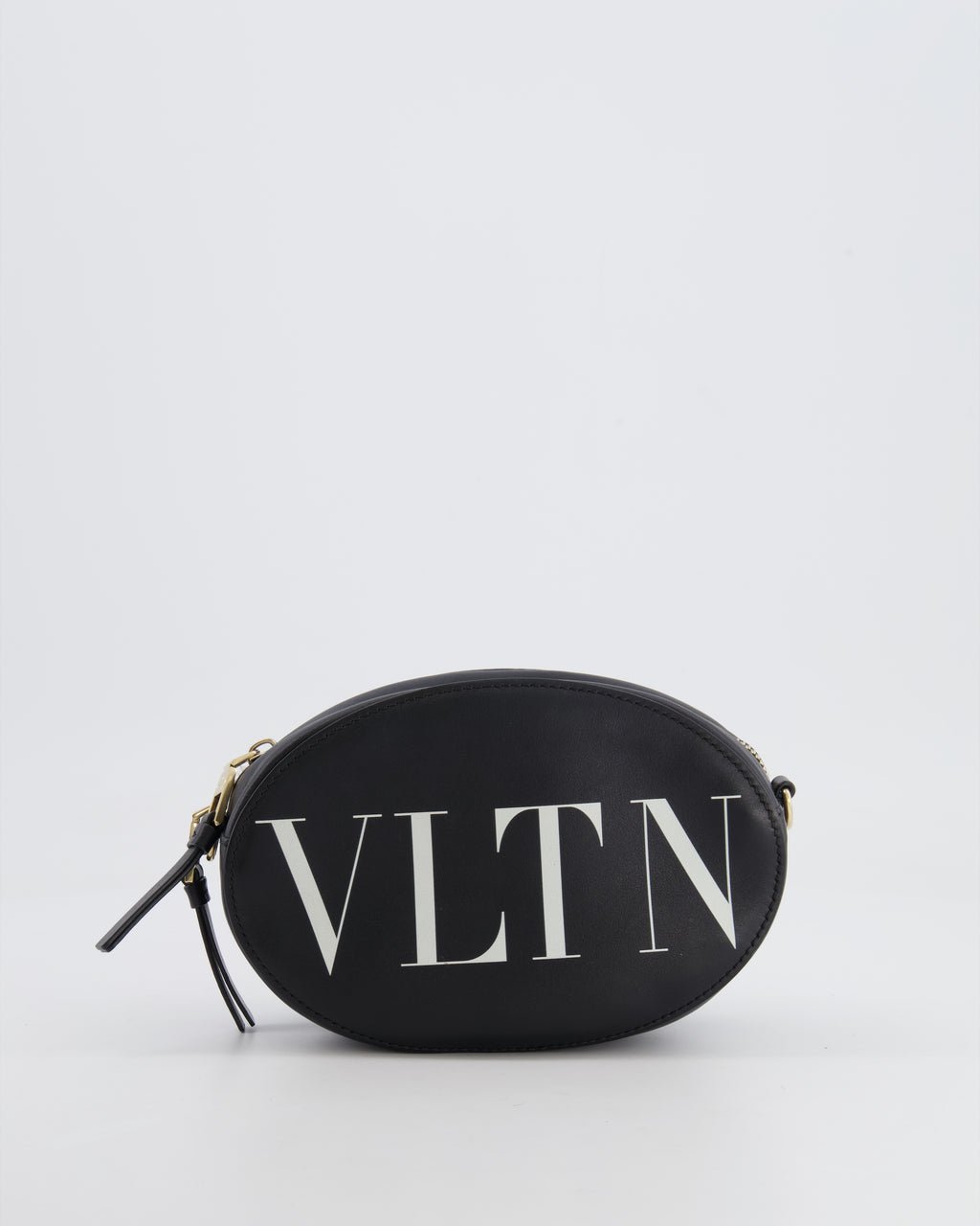 Valentino Valentino Black Leather Small Round Bag with White VLTN Print Detail and Champagne Gold Rockstud Strap