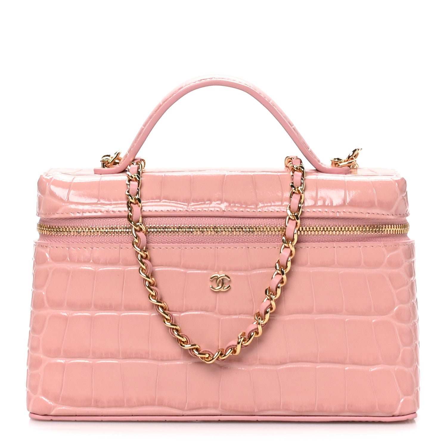 Chanel Calfskin Crocodile Embossed Crococo Exoticoco Vanity With Chain Light Pink