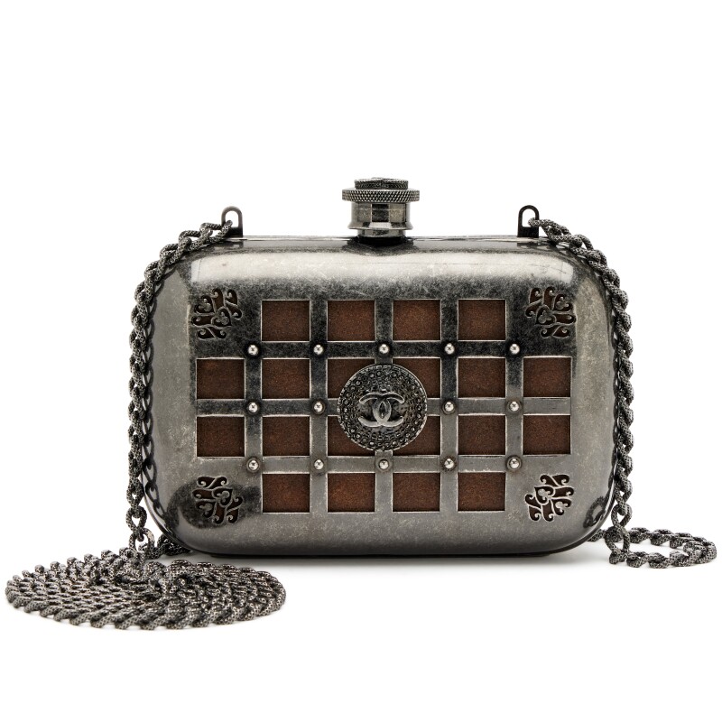Grey Gunmetal Paris-Edinburgh Mini Grid Cage Minaudière Clutch Ruthenium Hardware, 2013