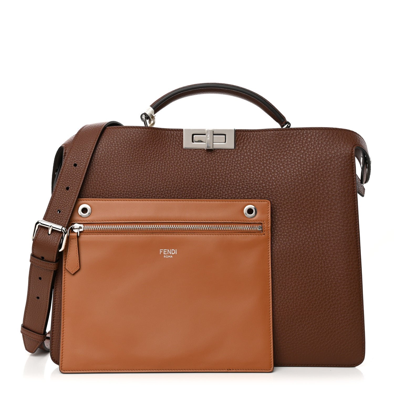 Fendi Cuoio Romano Vitello Cover Glazed Fabric Bi-Color FF 1974 Medium Peekaboo I SEE U Satchel Ghianda Saddler Tobacco Moro