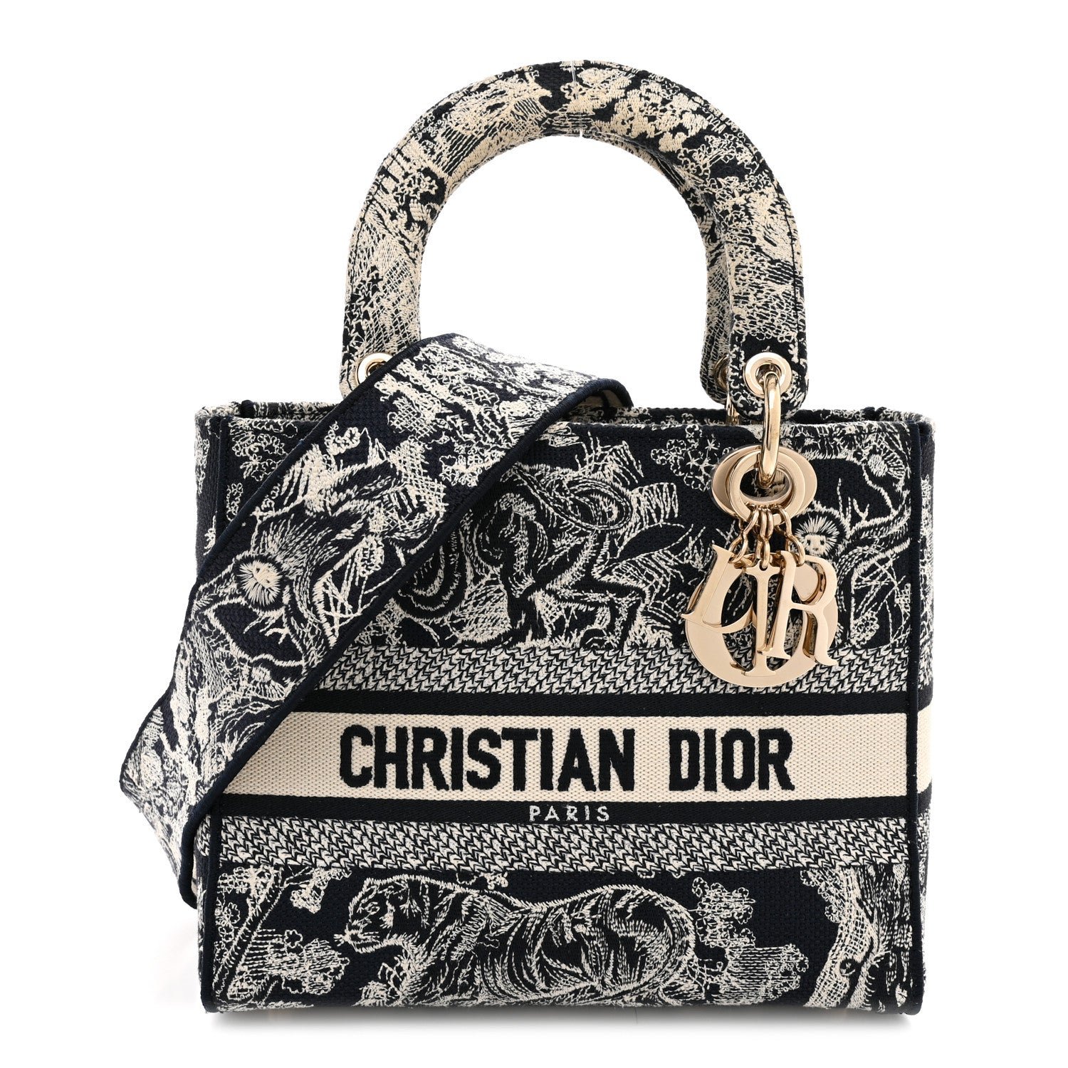 Christian Dior Canvas Toile De Jouy Reverse Embroidered Medium Lady D-Lite Navy