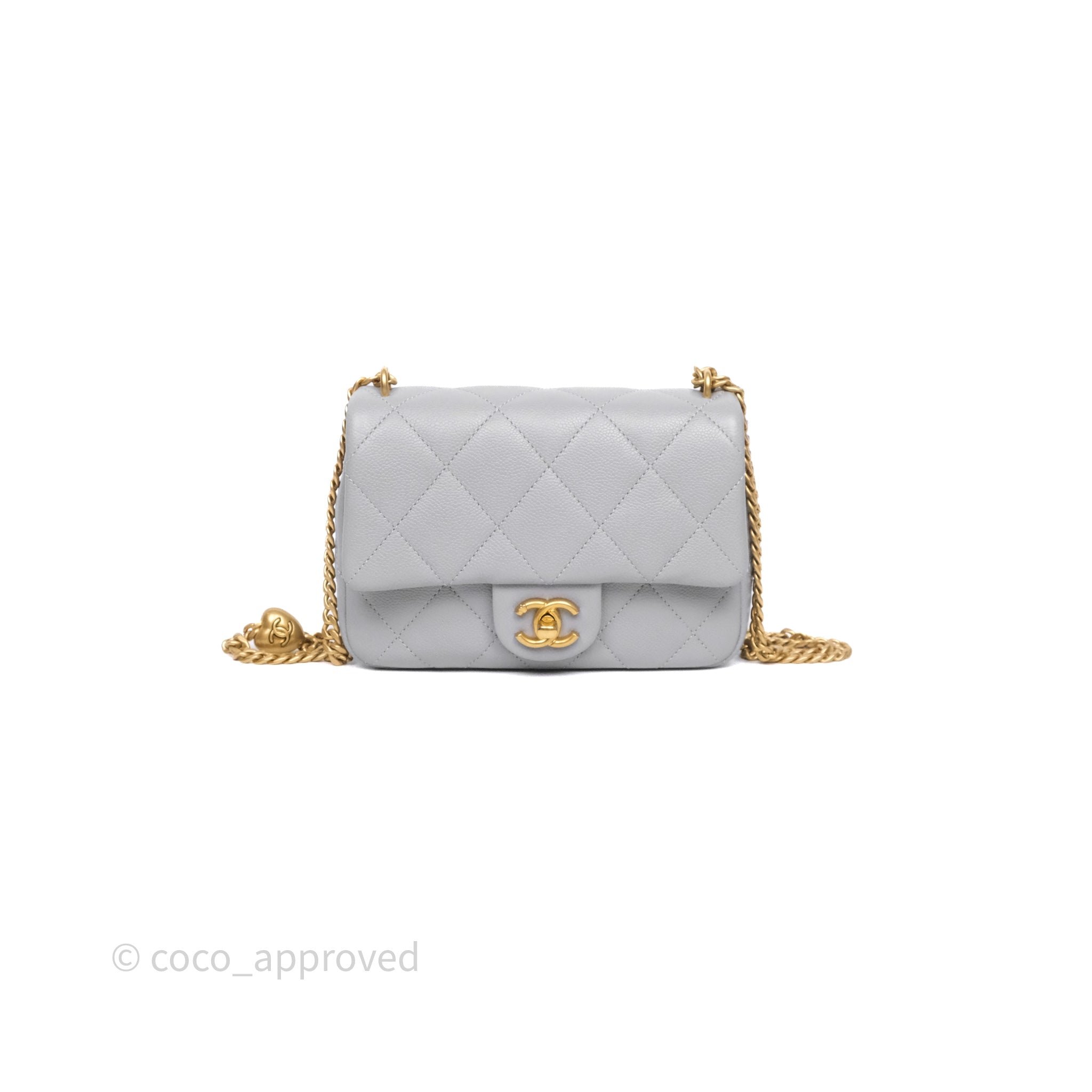 Chanel Mini Flap Bag Heart Adjustable Chain Grey Caviar Aged Gold Hardware