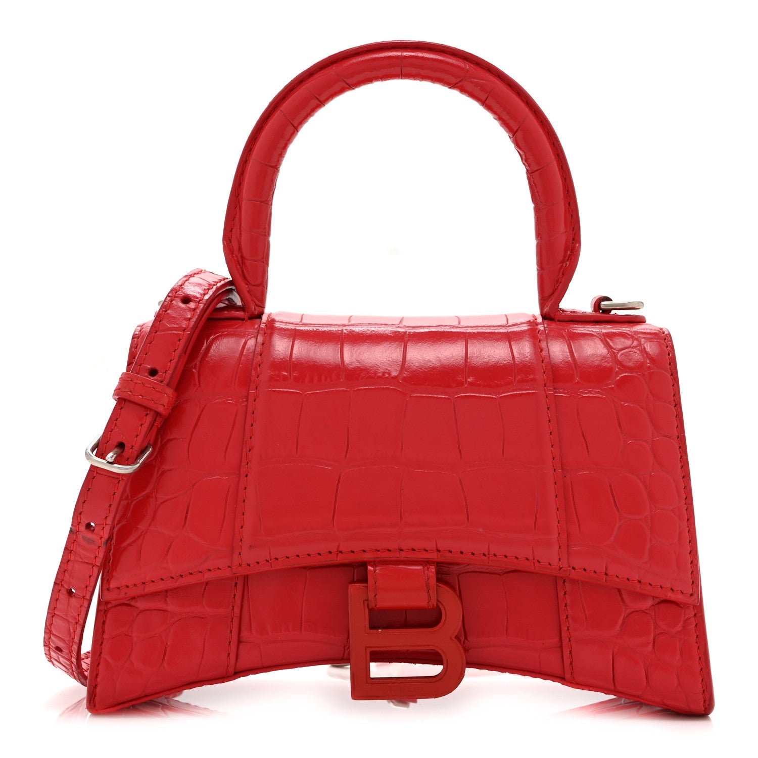 Balenciaga Shiny Calfskin Tonal B Crocodile Embossed Hourglass Top Handle Bag XS Bright Red