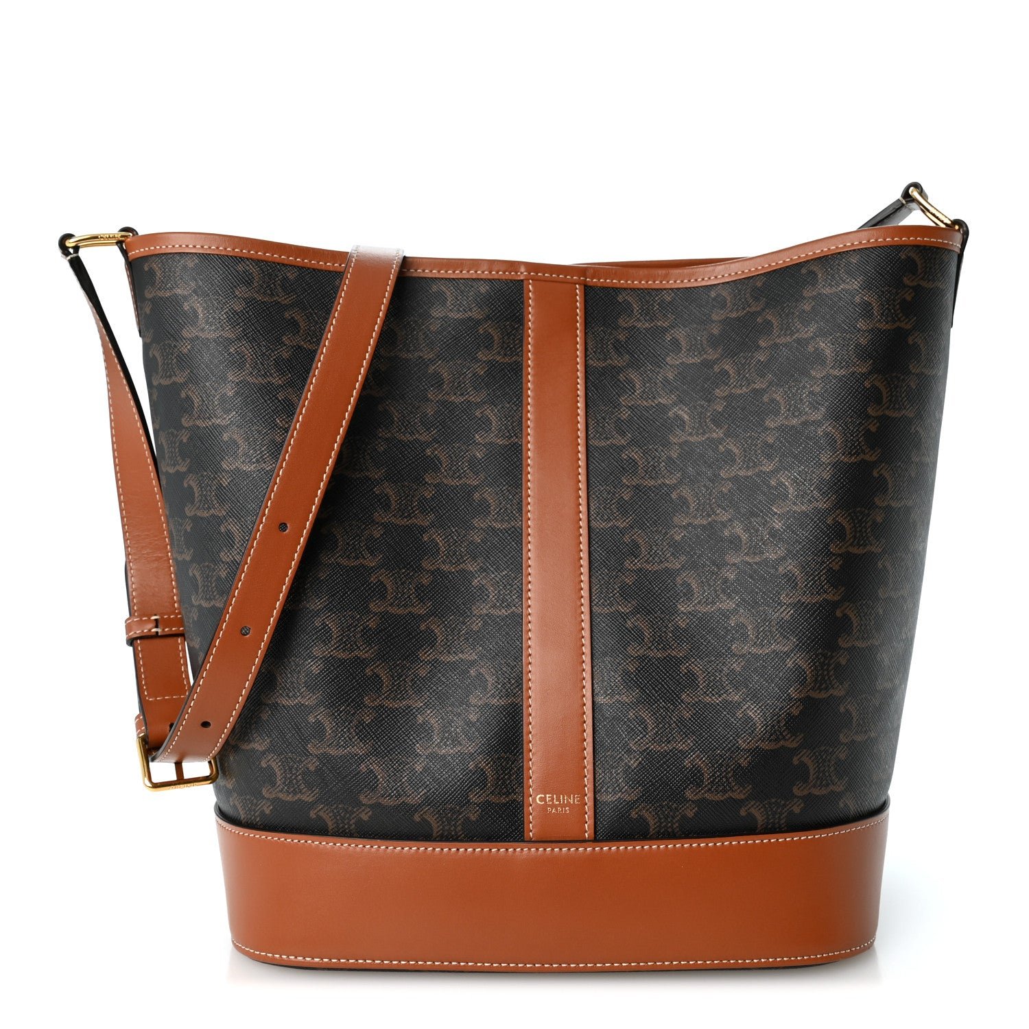 Celine Triomphe Canvas Calfskin Medium Bucket Bag Tan