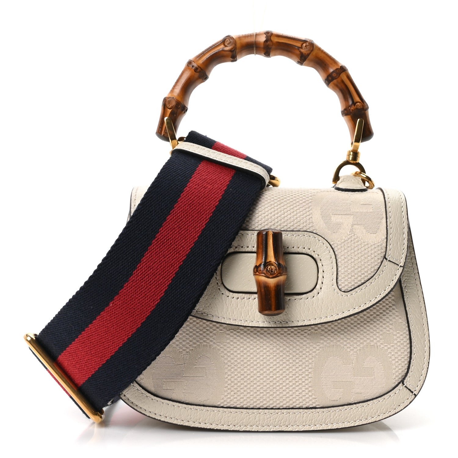 Gucci Monogram Jumbo GG Textured Dollar Calfskin Web Small Bamboo 1947 Top Handle Bag Off White