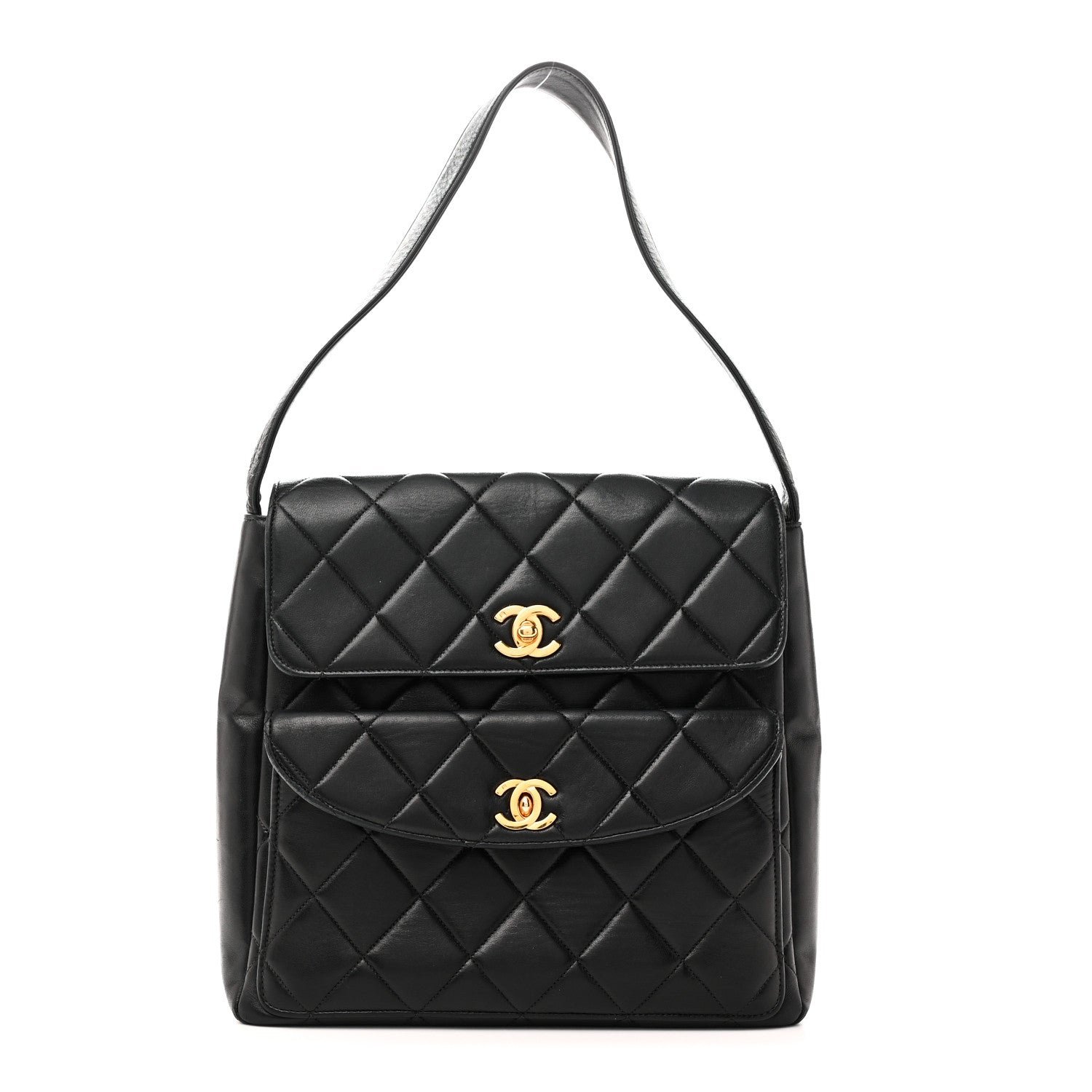 Chanel Lambskin Quilted Double Pocket Shoulder Bag Black