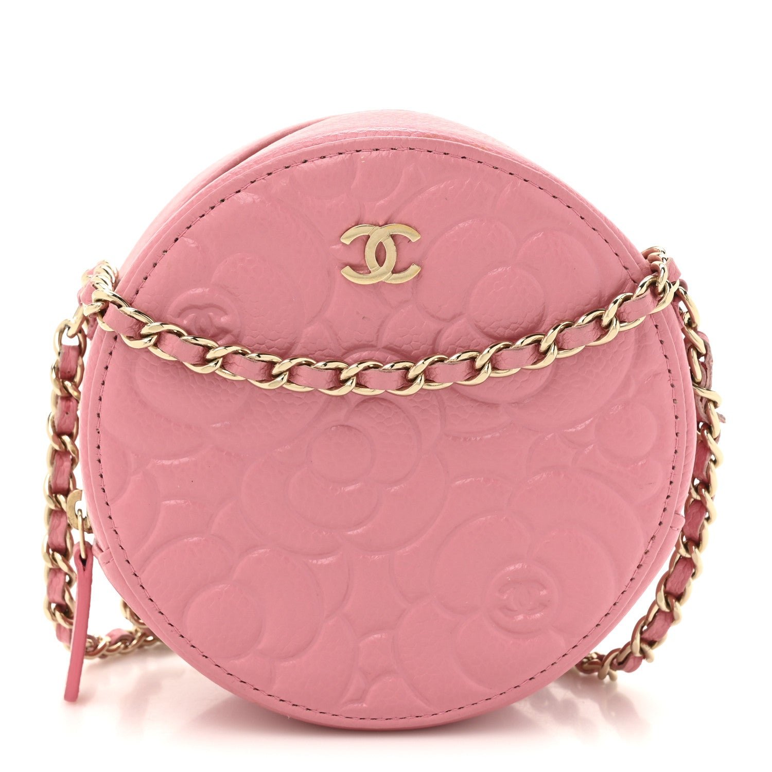 Chanel Caviar Camellia Embossed Round Clutch With Chain Pink