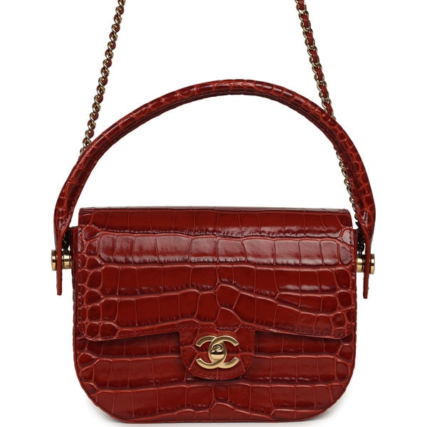 Chanel Mini Top Handle "Turn Around" Flap Bag Burgundy Croc Embossed Calfskin Gold Hardware
