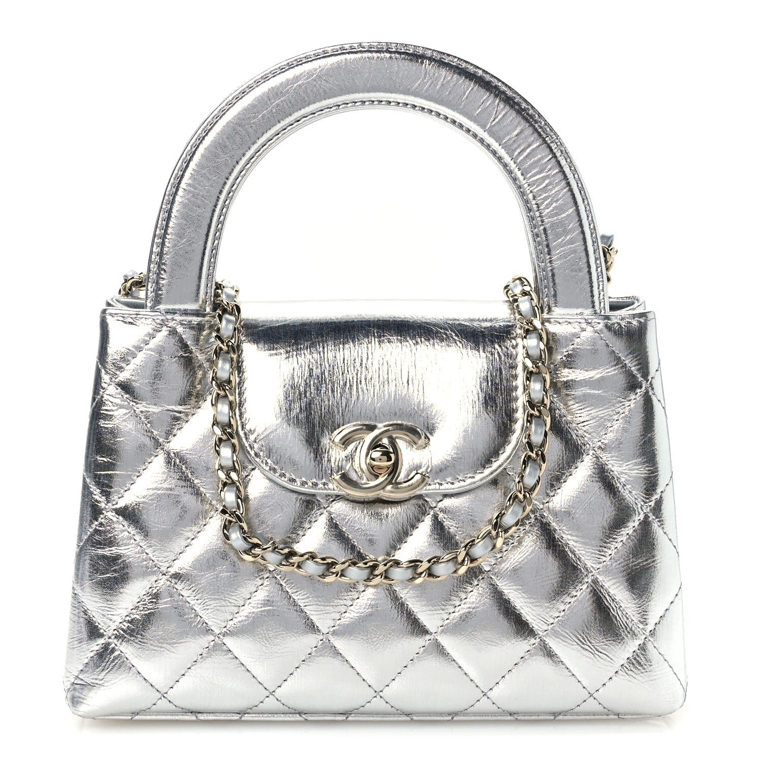 Chanel Metallic Aged Calfskin Quilted Nano Kelly Shopper Silvery