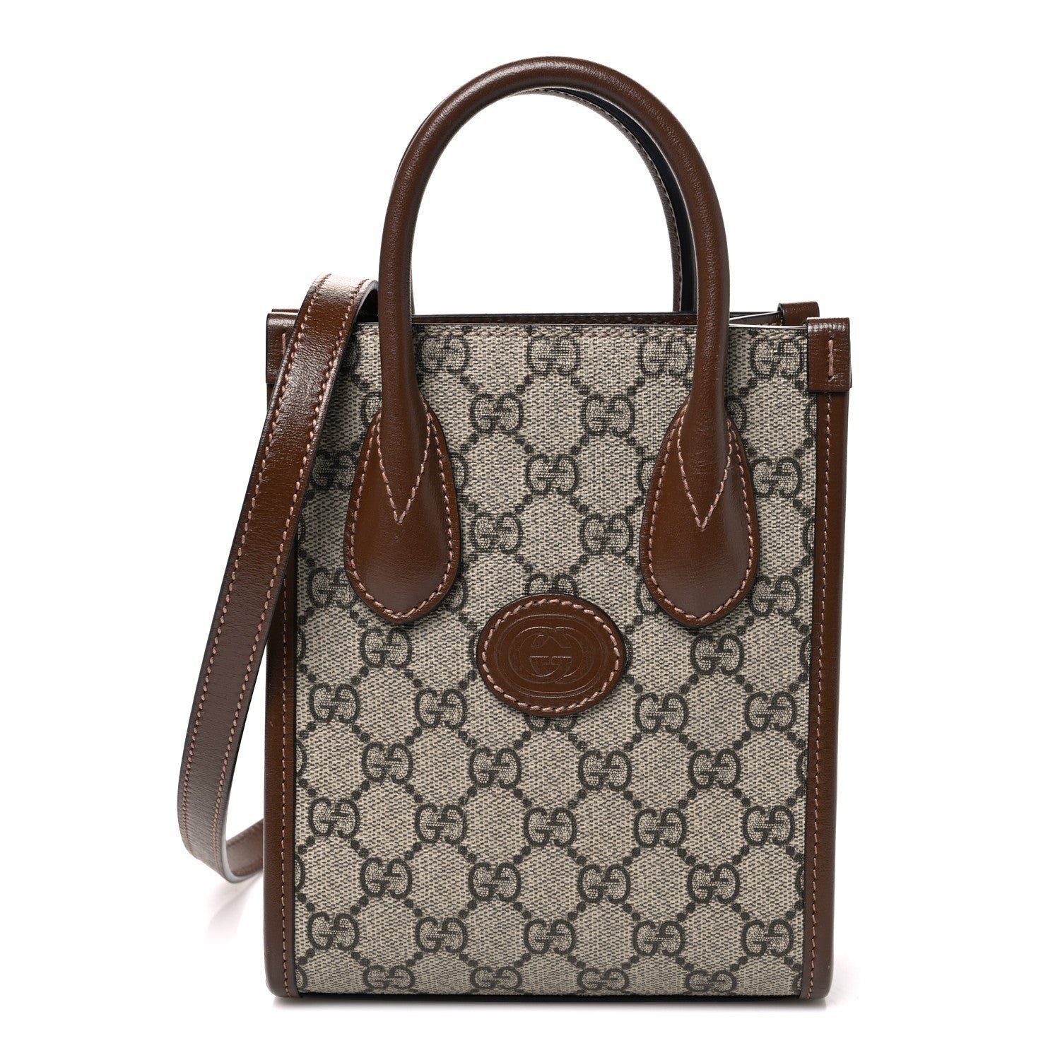 Gucci GG Supreme Monogram Azalea Calfskin Mini Retro Interlocking G Tote Bag Beige Ebony Brown Sugar