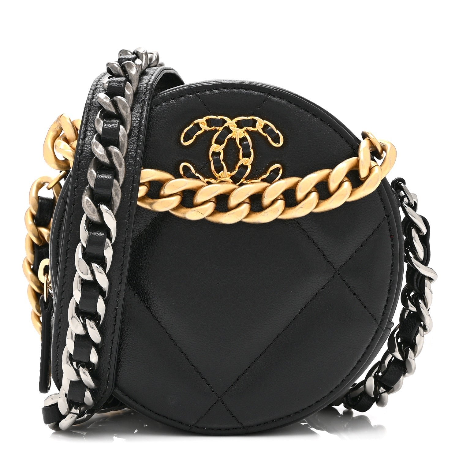 Chanel Shiny Goatskin Quilted Chanel 19 Round Clutch With Chain Black