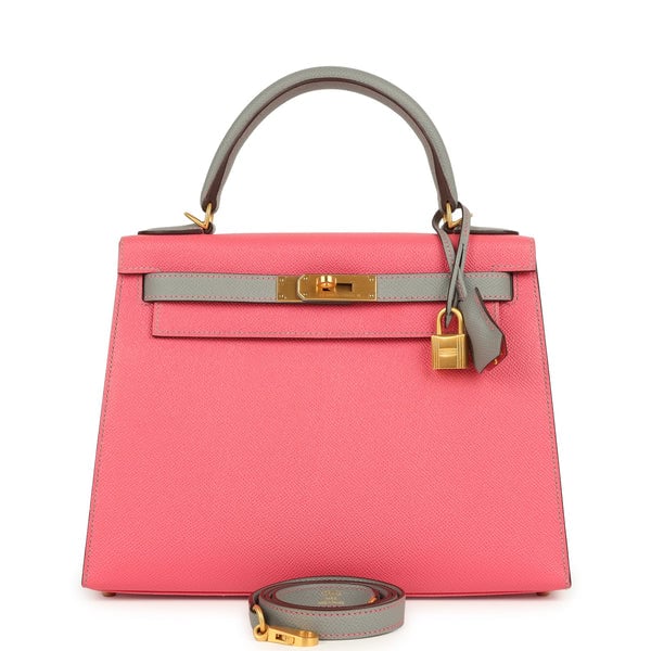 Hermes Pre-owned Hermes Special Order (HSS) Kelly Sellier 28 Rose Azalee and Gris Mouette Epsom Brushed Gold Hardware