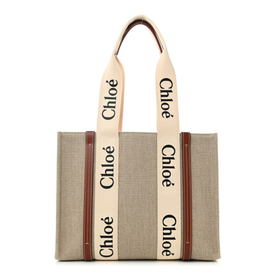 Chloe Cotton Calfskin Medium Woody Ribbon Tote White Brown