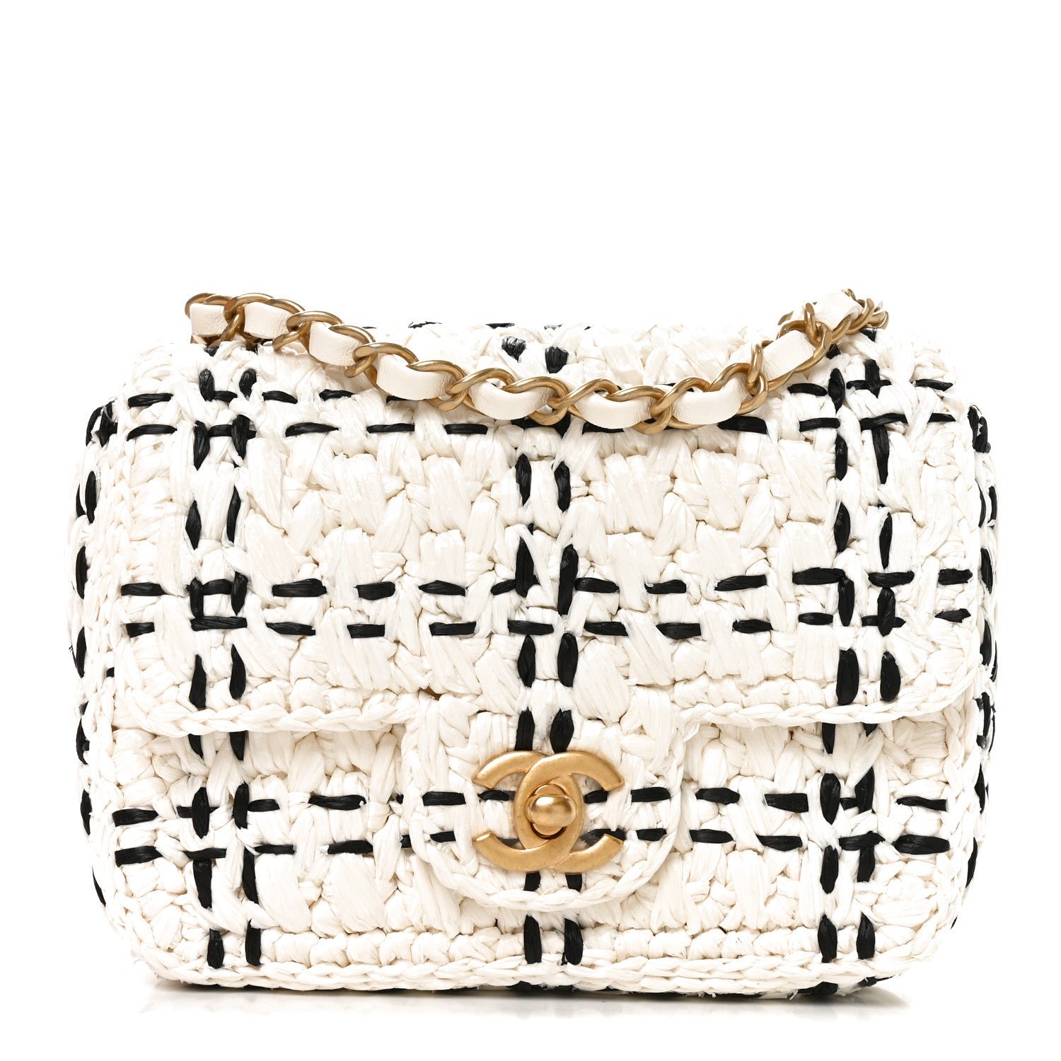 Chanel Raffia Effect Tweedy Mini Flap Bag White Black