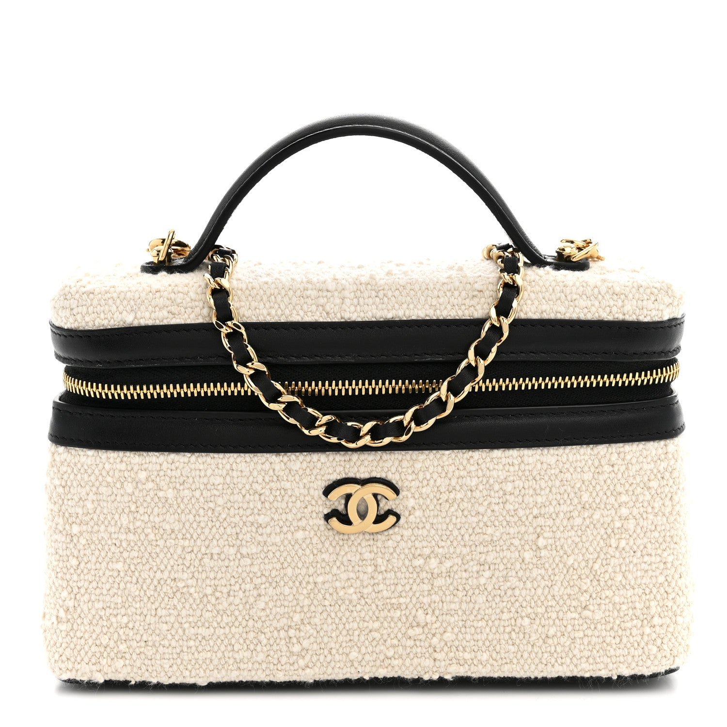 Chanel Boucle Calfskin Top Handle Slim Vanity Case With Chain Ecru Black