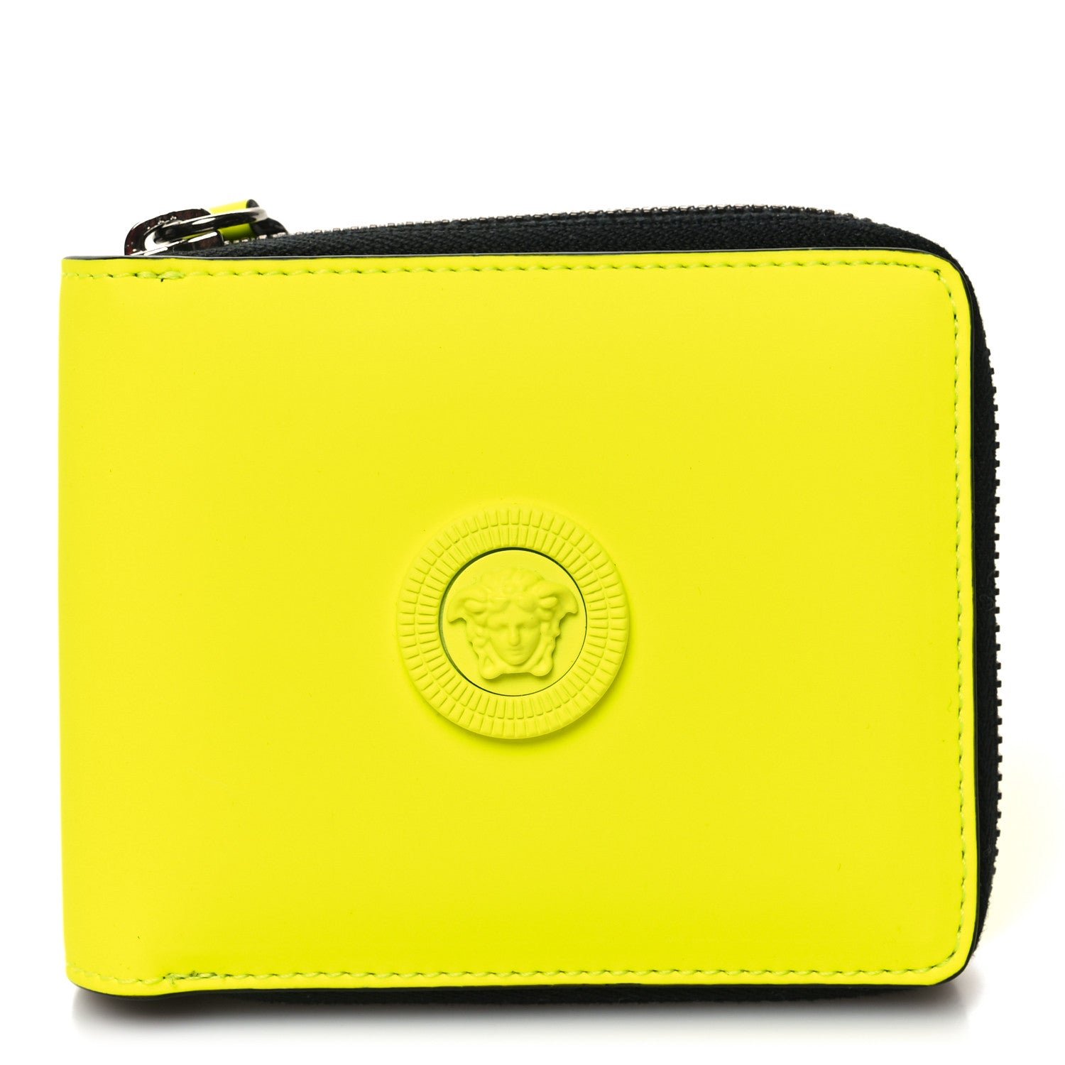 Versace Calfskin Rubber Medusa Biggie Bifold Compact Zip Around Wallet Fluorescent Yellow