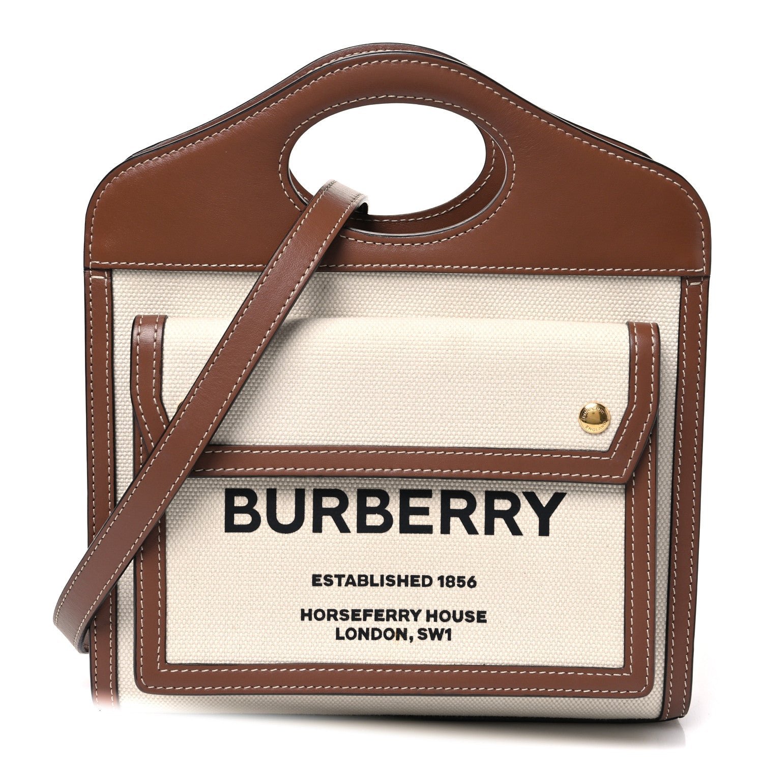 Burberry Canvas Smooth Calfskin Two Tone Mini Pocket Bag Natural Malt Brown