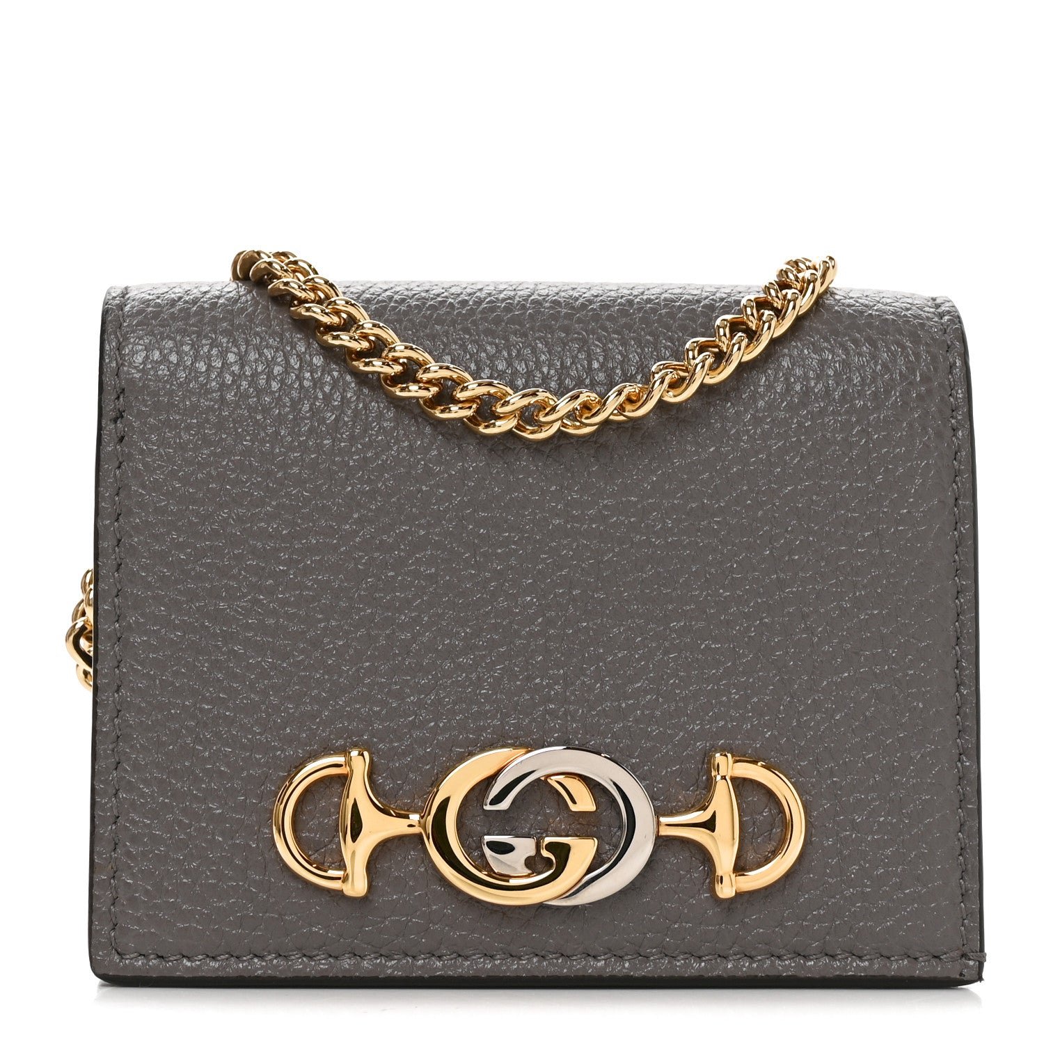Gucci Grainy Calfskin Zumi Chain Card Case Wallet Dusty Grey