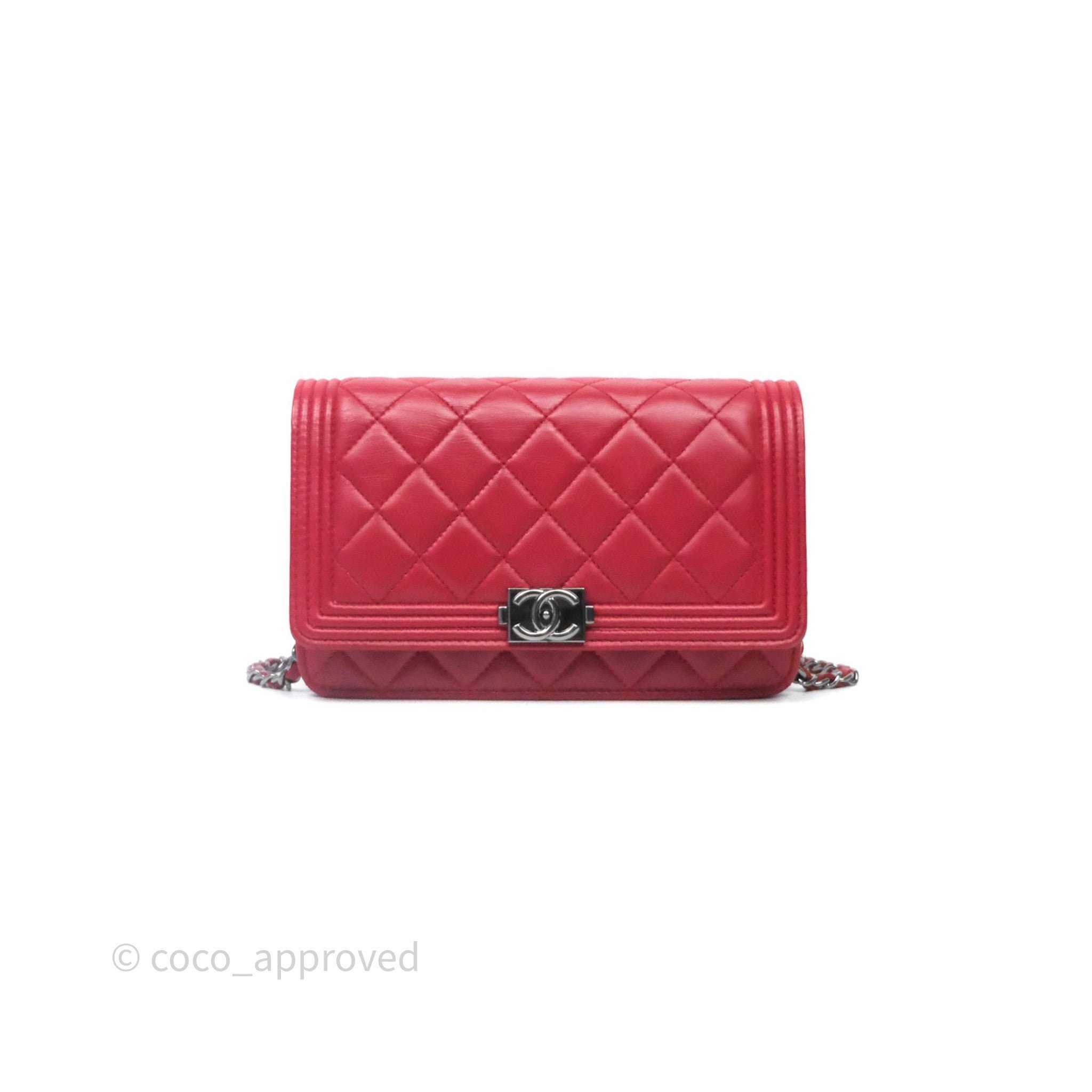 Chanel Boy Wallet on Chain WOC Red Lambskin Dark Silver Hardware