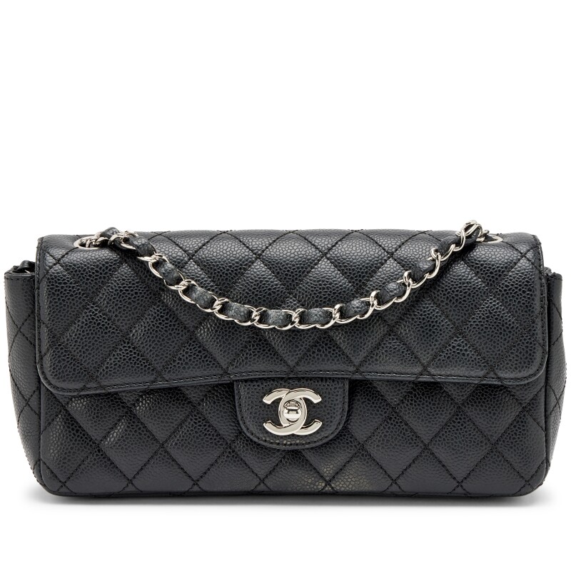 Black Quilted Caviar East West Classic Flap Bag Silver Hardware, 2006