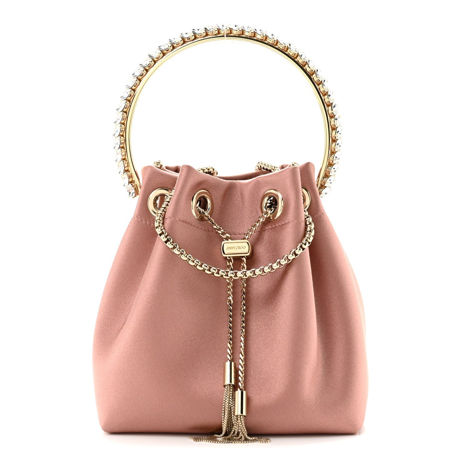 Jimmy Choo Satin Crystal Embellished Top Handle Bon Bon Bag Blush