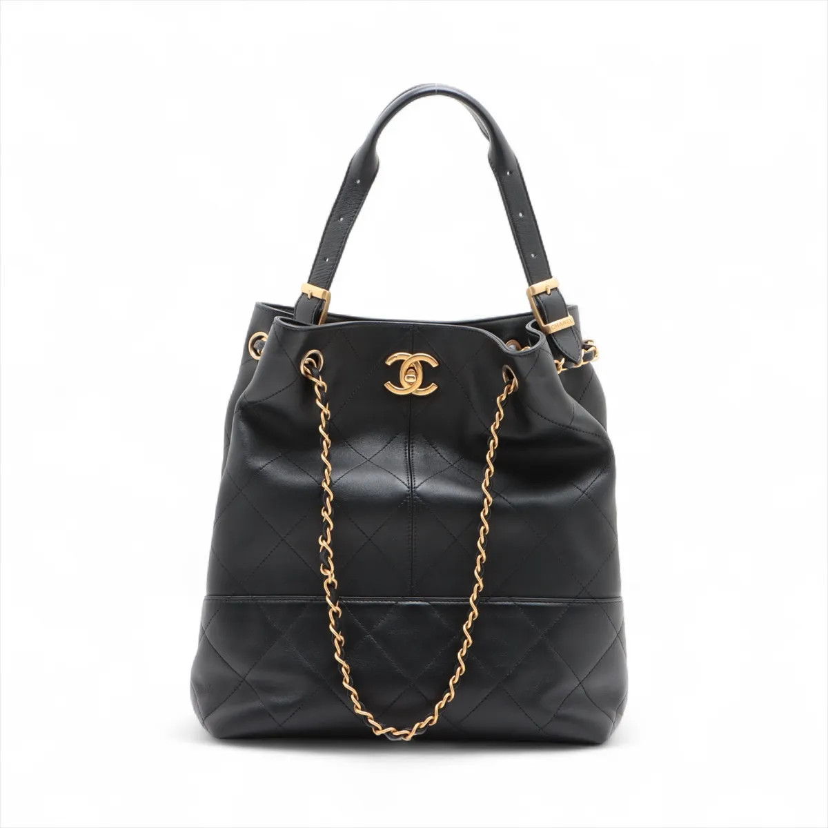 Chanel Matelasse Leather 2 Way Shoulder Bag Shopping bag Black Gold Metal Fittin