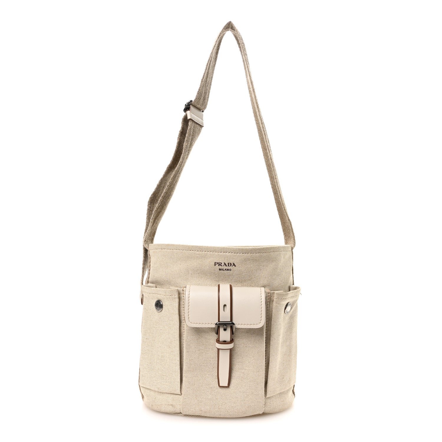 Prada Canvas Calfskin Mini Route Bucket Bag Naturale