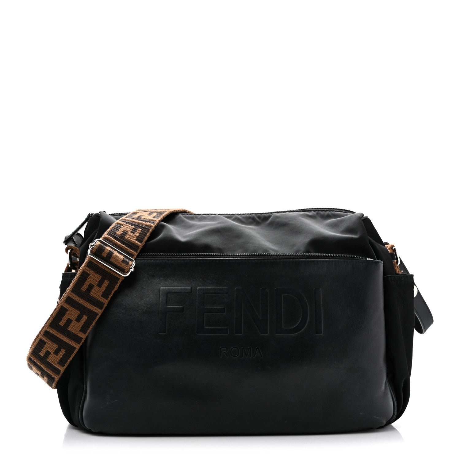 Fendi Calfskin Nylon FF Logo Embossed Changing Bag Black