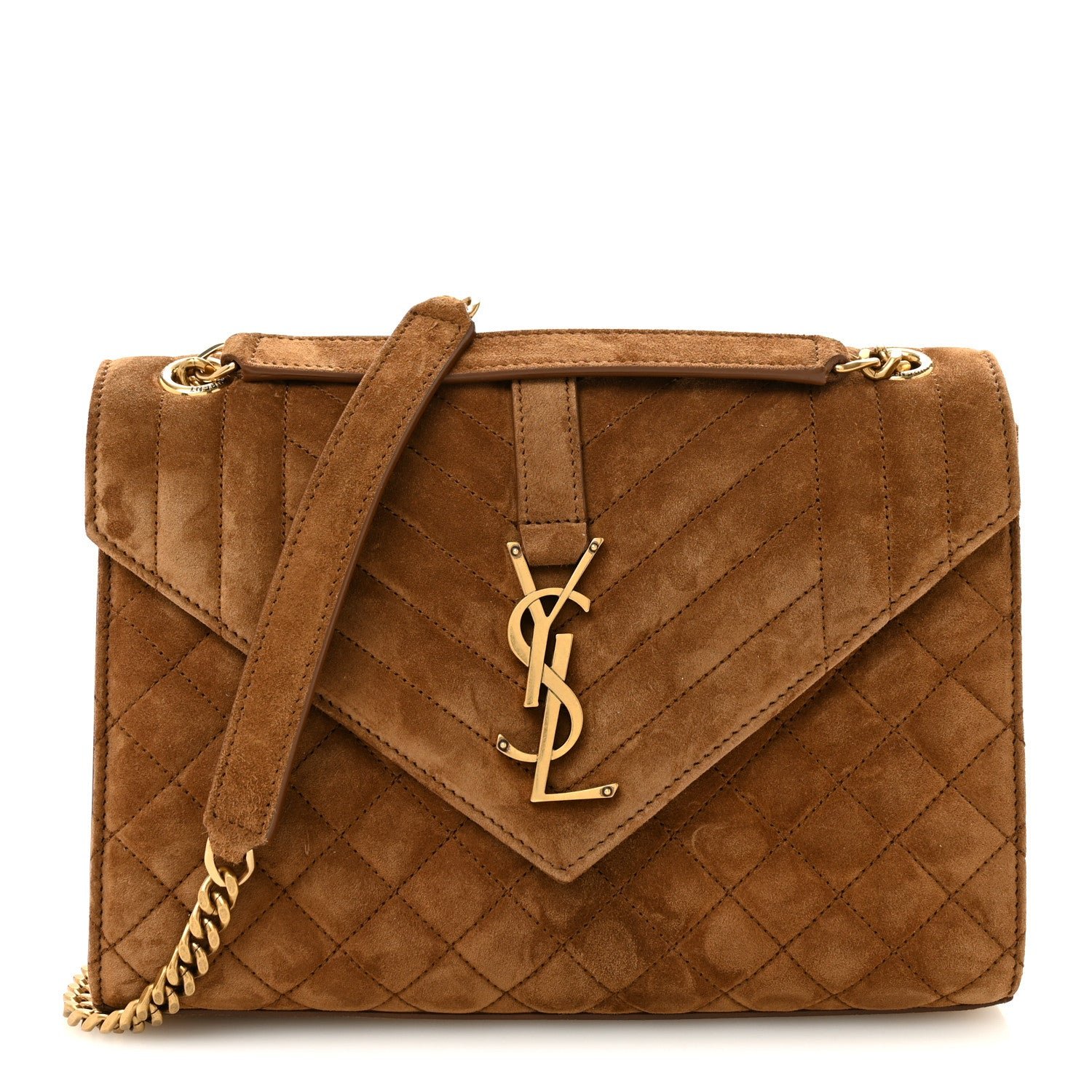 Saint Laurent Suede Mixed Matelasse Triquilt Medium Monogram Envelope Satchel Bark Brown