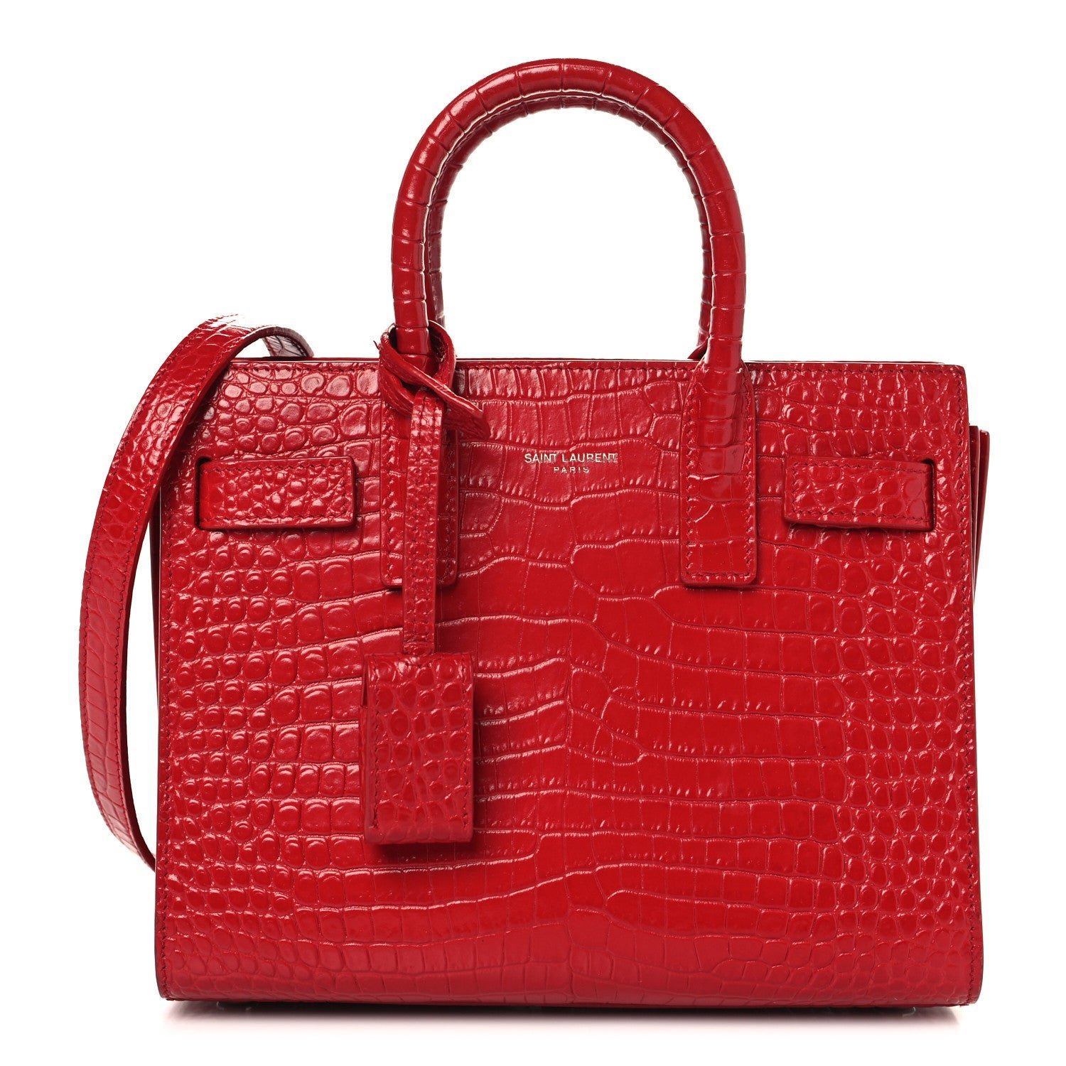 Saint Laurent Calfskin Crocodile Embossed Nano Sac De Jour Red