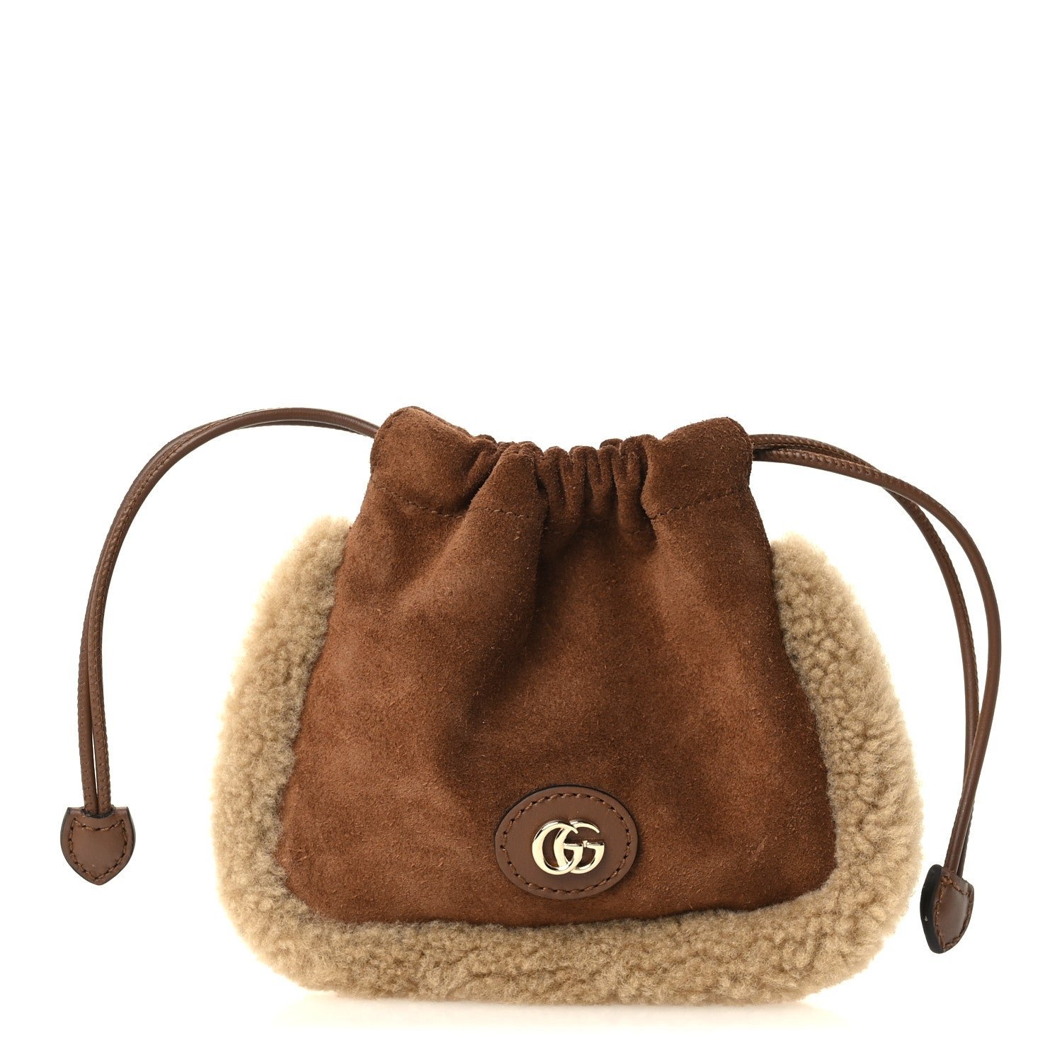 Gucci Suede Shearling Nano Pouch Keyring Bag Charm Brown