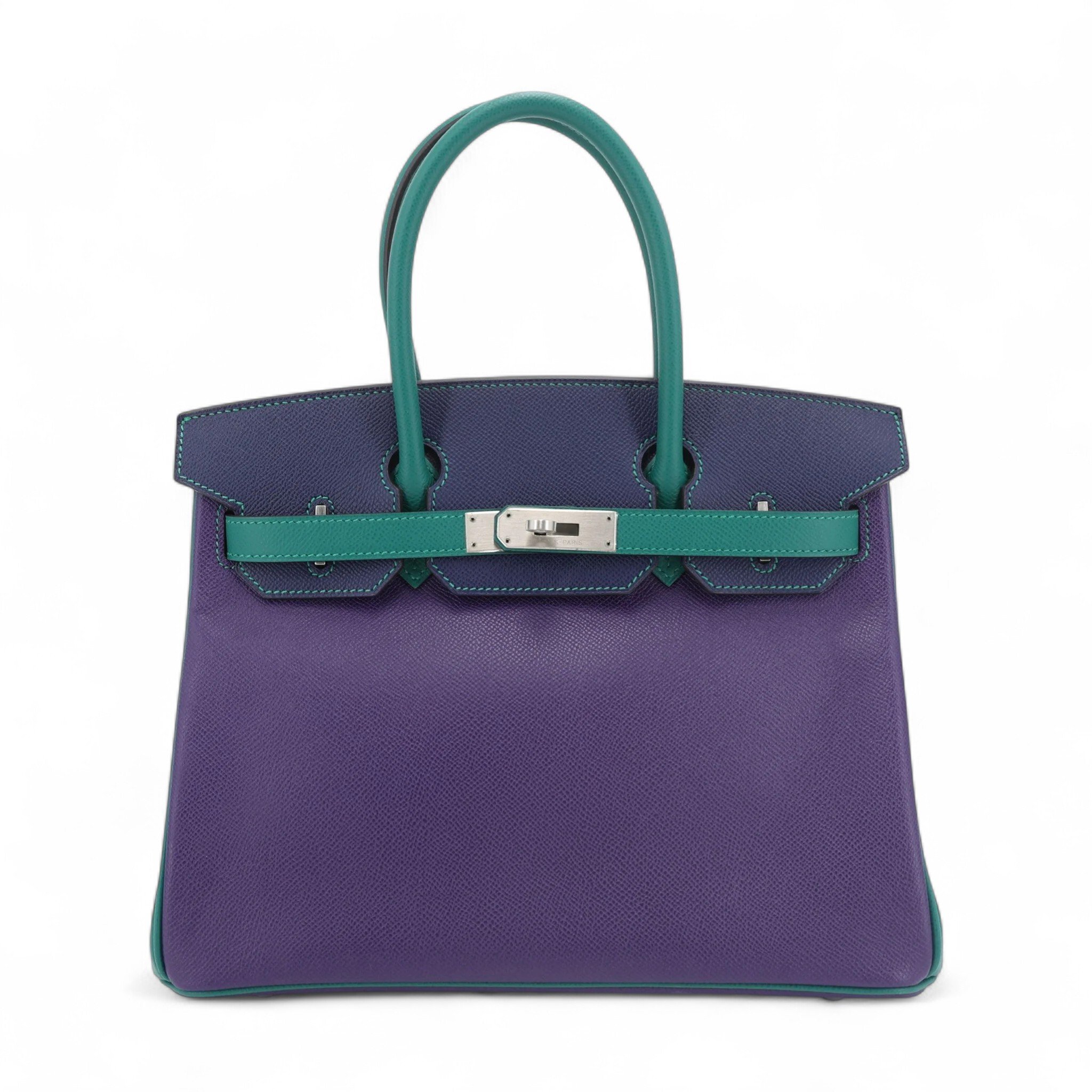 Excellent ( Rank SA ) HERMÈS Special Order Birkin 30 HSS Iris (9K) Malachite (Z6) Bleu Saphir (73) Epsom Brushed Gold hardware Square R (2014)