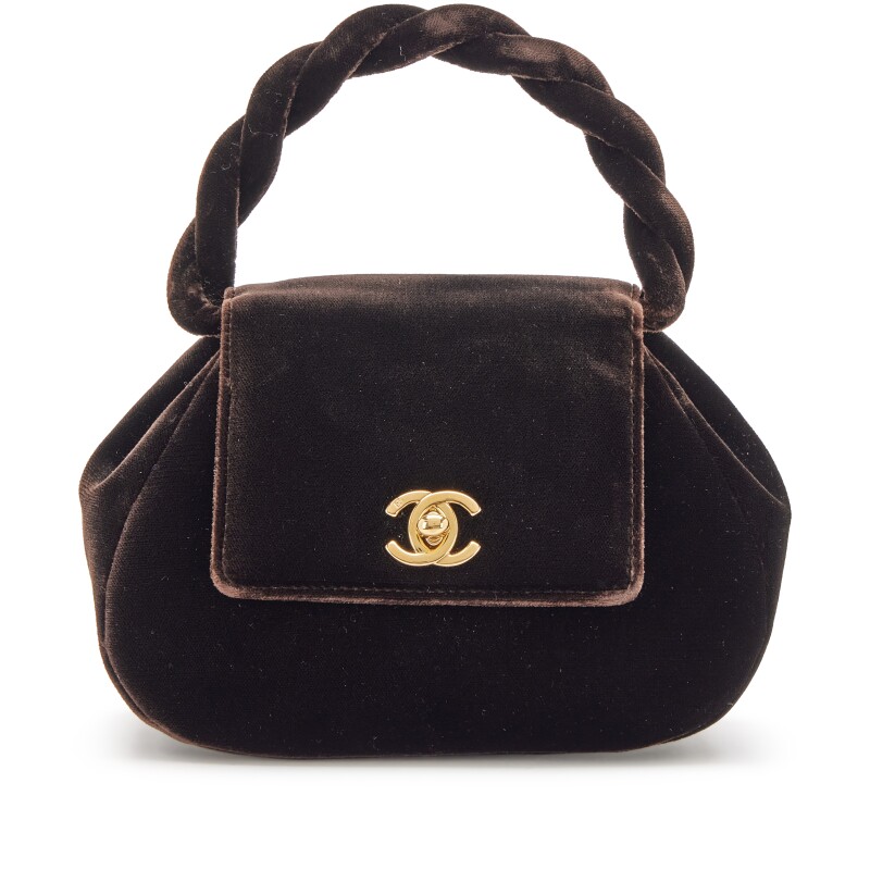 Vintage Chocolate Brown Velvet Twisted Top Handle Evening Bag Gold Hardware, 1996-1997