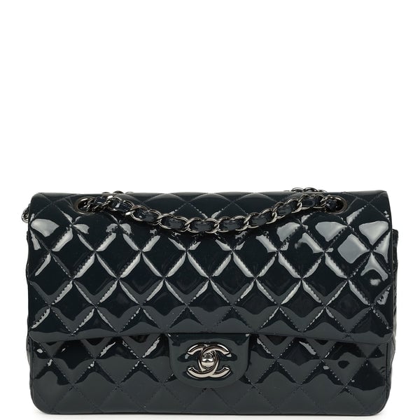 Pre-owned Chanel Medium Classic Double Flap Bag Navy Blue Patent Ruthenium Hardware