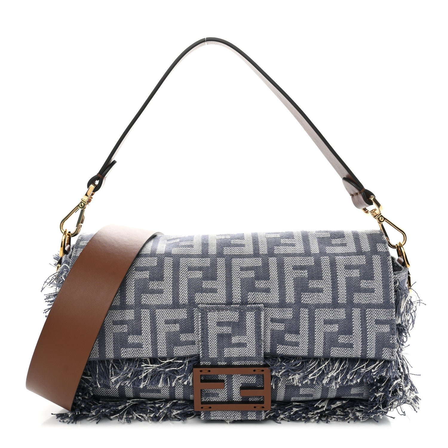 Fendi Denim Vitello Fringe FF Embroidered Baguette Myrtle Dark Nut