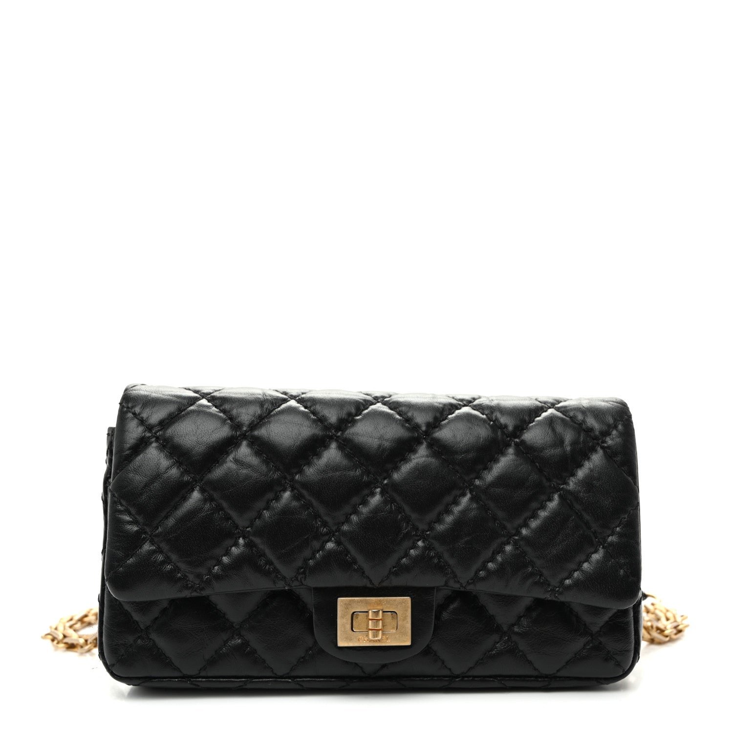 Chanel Aged Calfskin Quilted 2.55 Reissue Flap Belt Bag Clutch Black