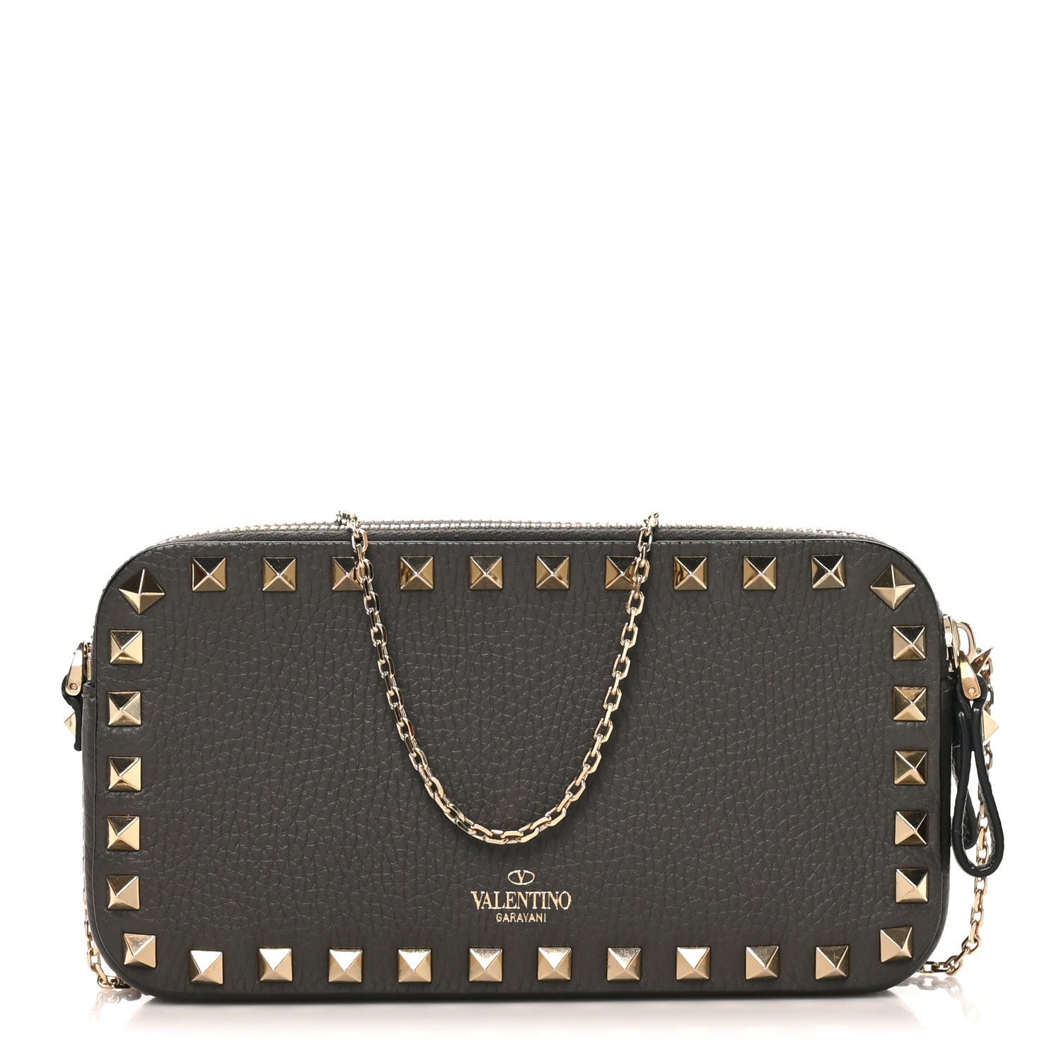 Valentino Garavani Pebbled Calfskin Rockstud Double Zip Camera Crossbody Bag Graphite
