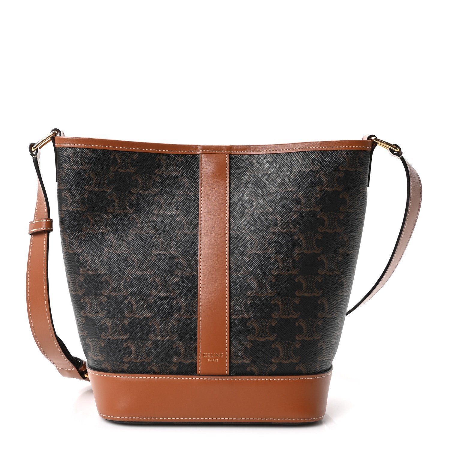 Celine Celine Triomphe Canvas Calfskin Small Bucket Bag Tan