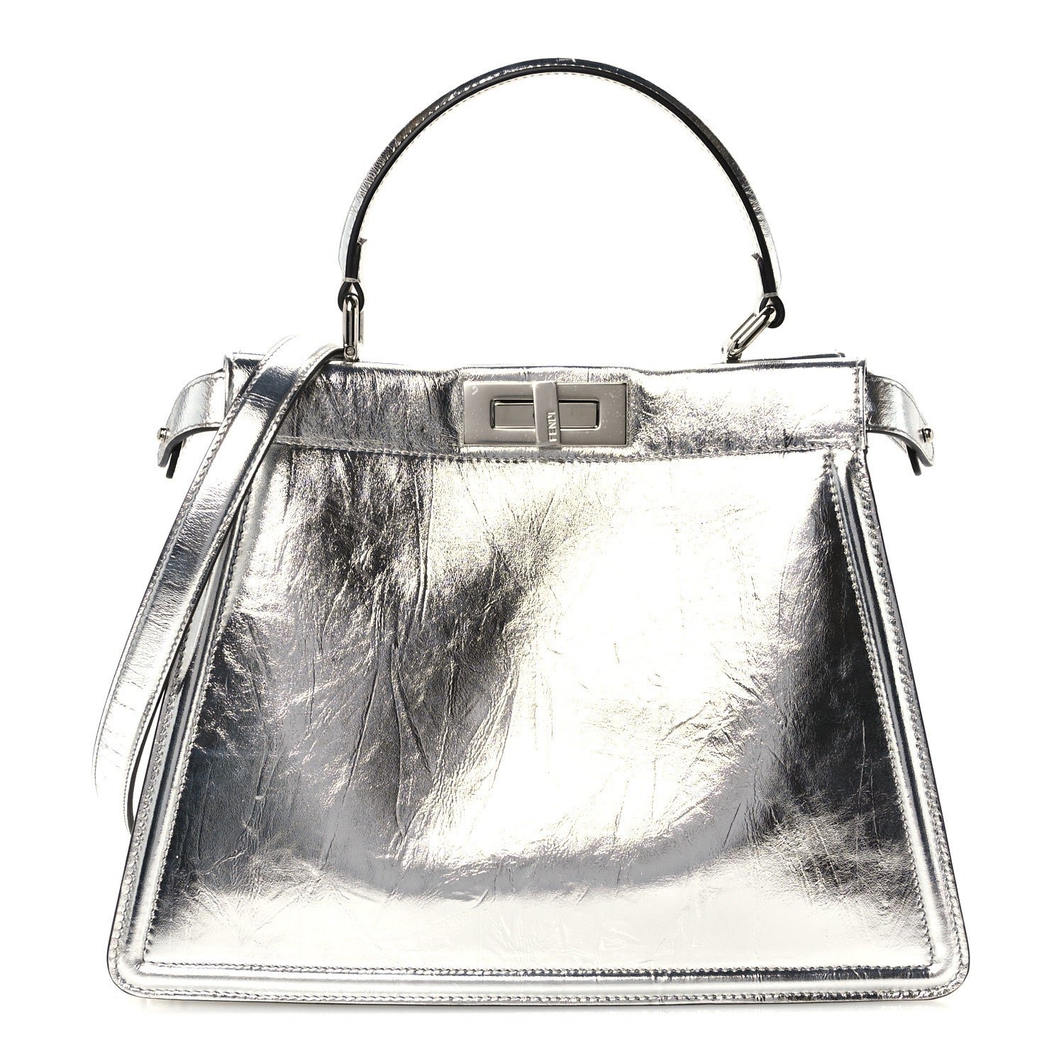 Fendi Rock Millenium Laminata Medium Peekaboo I SEE U Satchel Argento